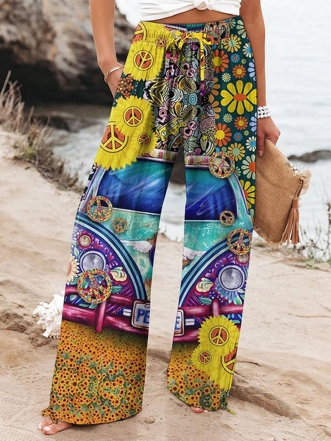 Women's Retro Multicolor Hippie Bus Art Printed Cotton And Linen Casual Pants