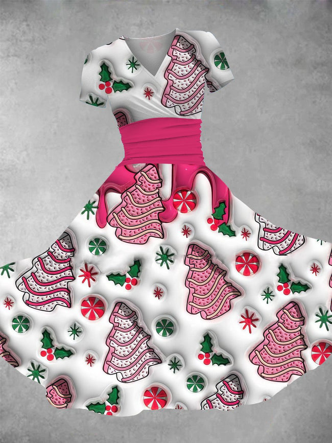 Women's Vintage Christmas Tree Cakes Print Maxi Dress