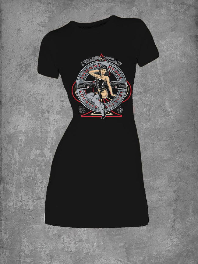 Women's Vintage Rockabilly Greaser Outlaw Print Crew Neck T-Shirt Dress