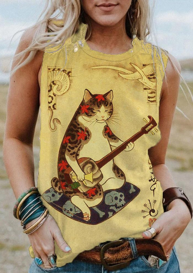 Vintage Japanese Cat Tattoo Print Tank Top