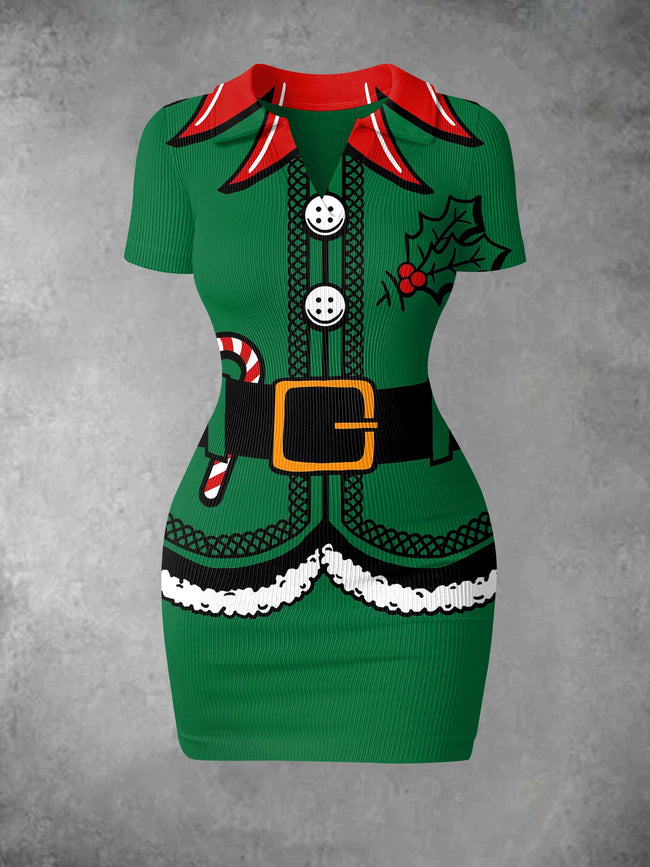 Women's Vintage Elf Christmas Print Ribbed Bodycon Mini Dress