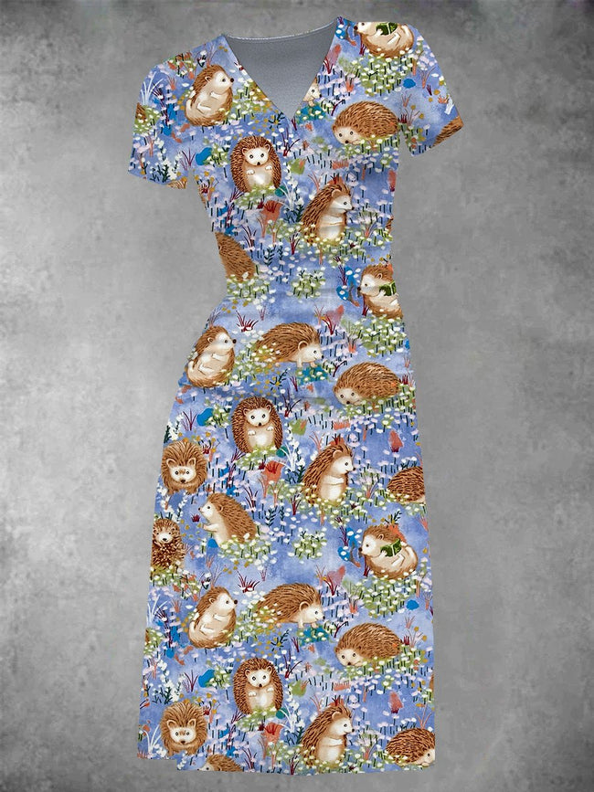 Women's Hedgehog Village Print Two-Piece Midi Dress