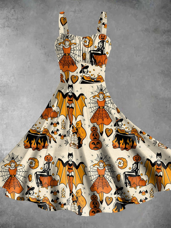 Vintage Halloween Pin-Up Girls Print Backless Dress