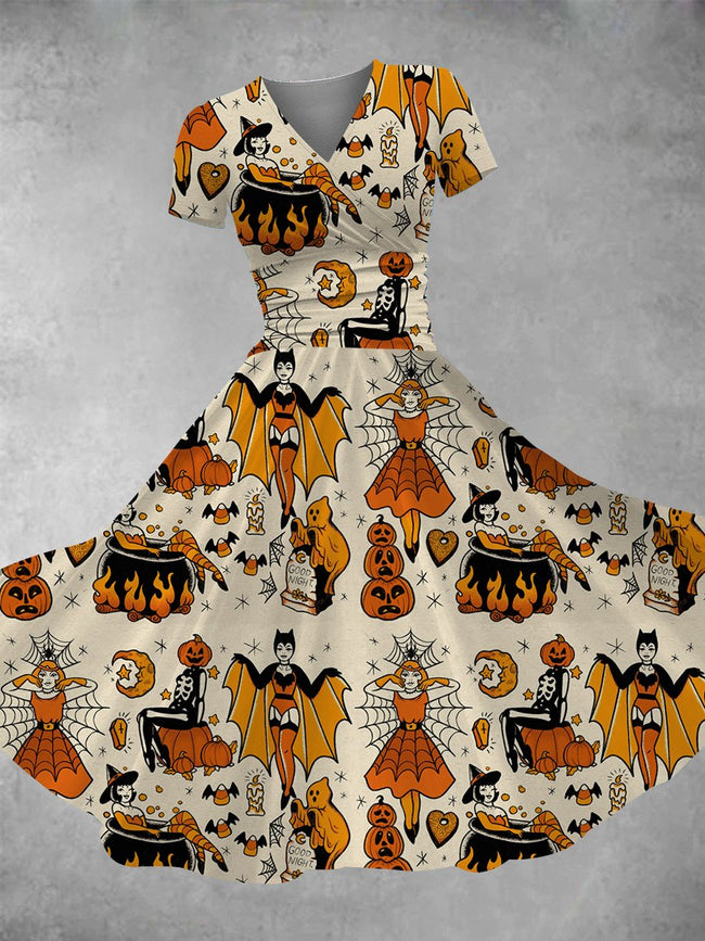 Women's Vintage Halloween Pin-up Girls Print Maxi Dress