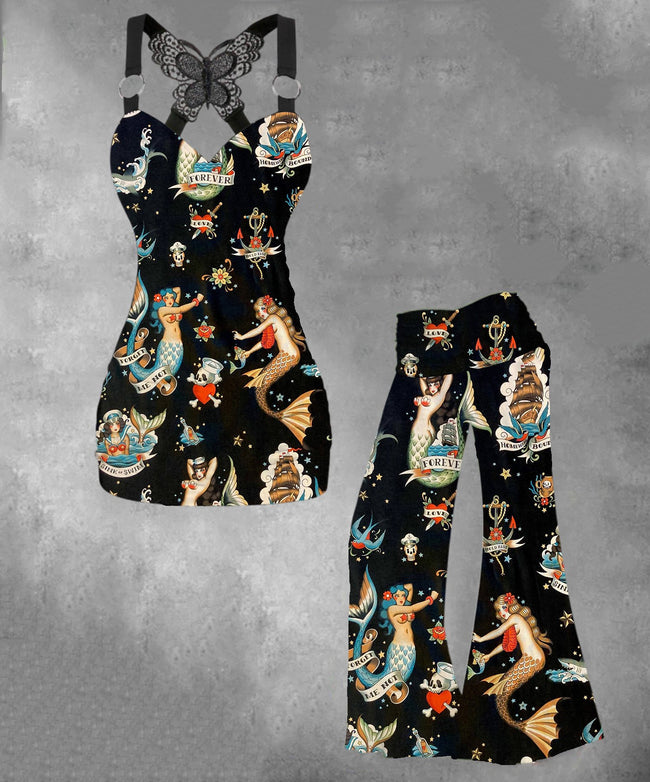 Women's Vintage Mermeid Print Two-Piece Sets