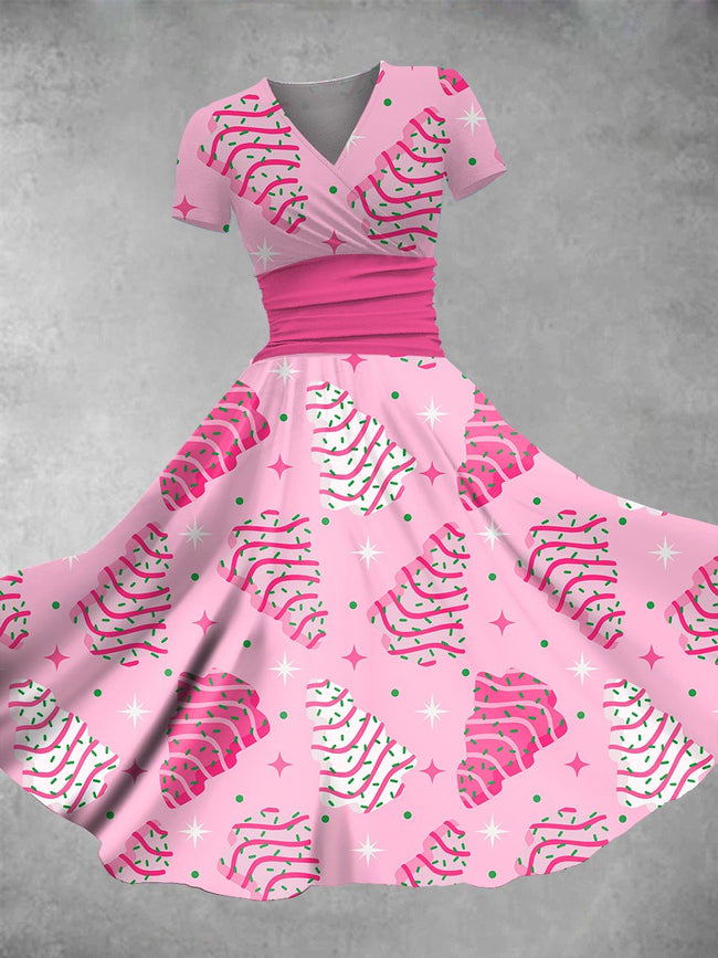 Women's Vintage Christmas Pink Tree Cake Print Maxi Dress