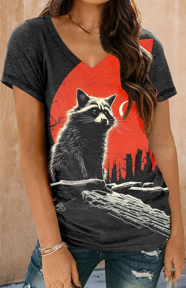 Vintage Raccoon Halloween Print Short Sleeve V Neck T-shirt