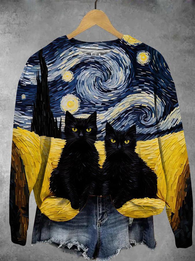 The Starry Night Cats Print Sweatshirt