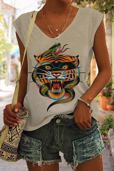 Women's Vintage Snake Tiger Panther Tattoo Sleeveless Tank Top