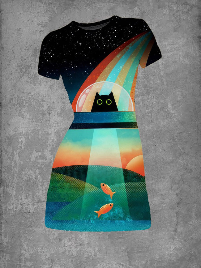 Women's Vintage UFO Cats Print Crew Neck T-Shirt Dress