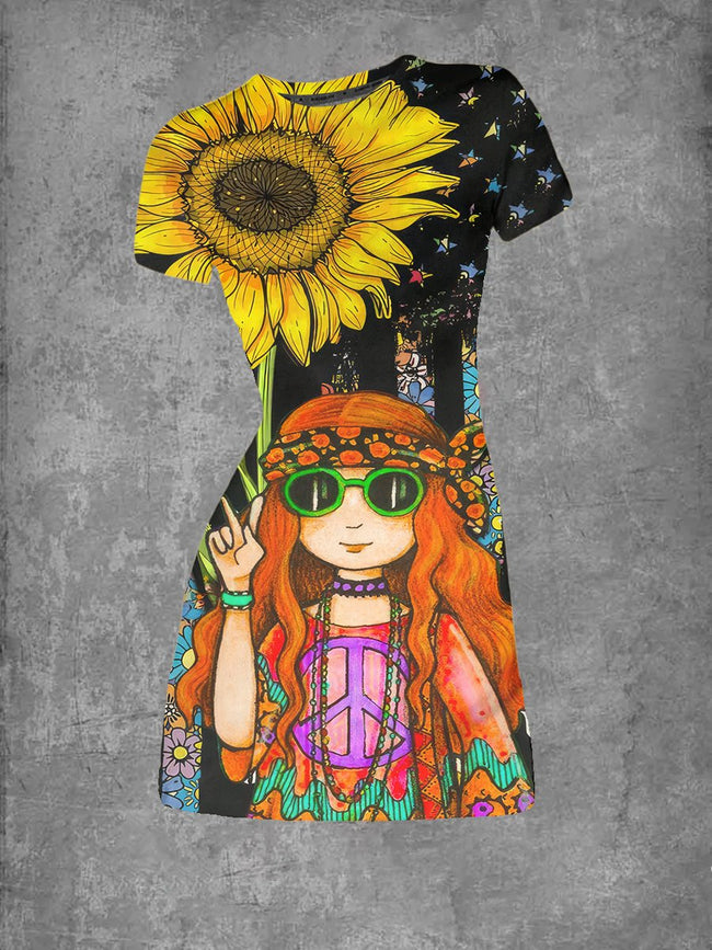 Women's Hippie Peace Flag Sunflower Print Crew Neck T-Shirt Dress