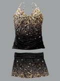 Women’s V-neck Vintage Sequin Print Suspender Skirt Tankini Set Swimsuit