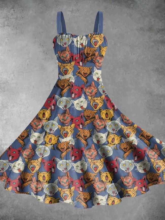 Vintage Cats Print Backless Dress