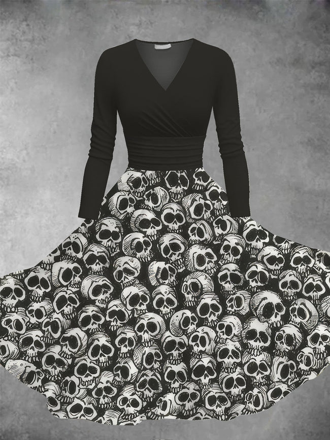 Women's Vintage Halloween Skull Print Long Sleeve Maxi Dress