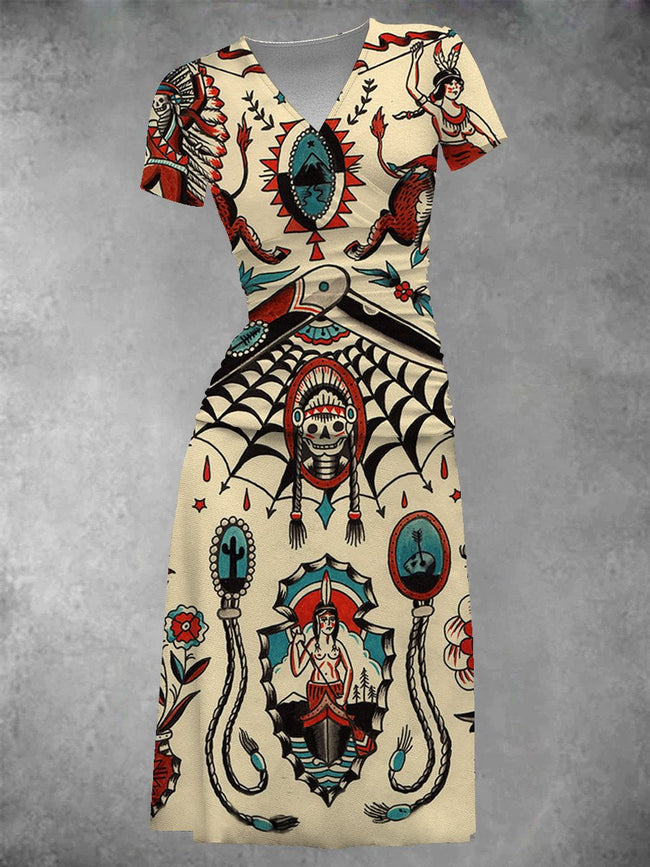 Women's Vintage Tattoo Print Midi Dress Set
