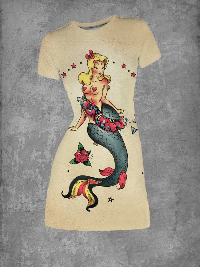 Women's Mermaid Sailor Jerry Tattoo T-Shirt Dress