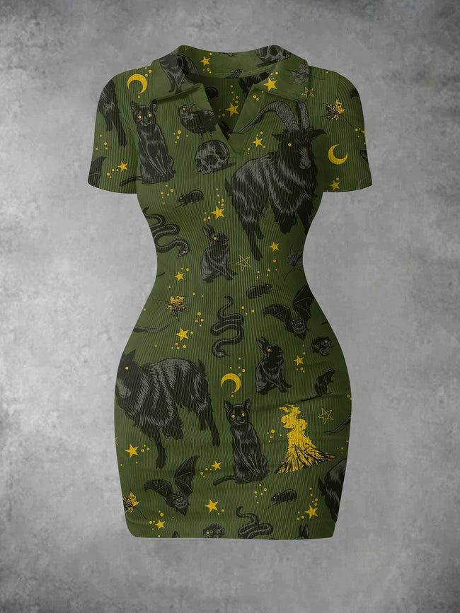 Women's Vintage Halloween Incantation Print Ribbed Bodycon Mini Dress