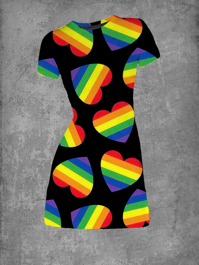 Women's Rainbow Hearts Print Crew Neck T-Shirt Dress