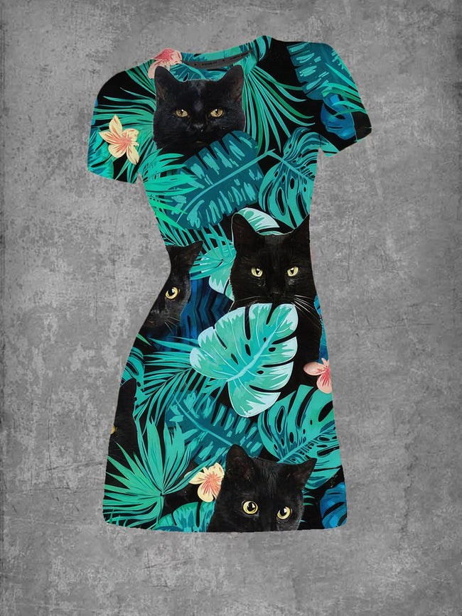 Women's Tropical Plants And Black Cat Print Crew Neck T-Shirt Dress