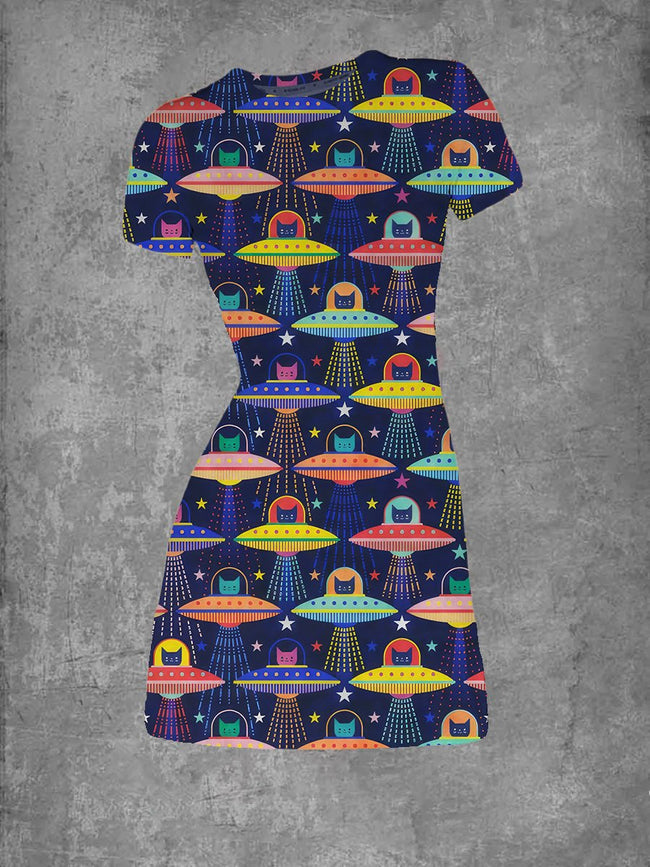 Women's Vintage Rainbow Space Cat Print Crew Neck T-Shirt Dress