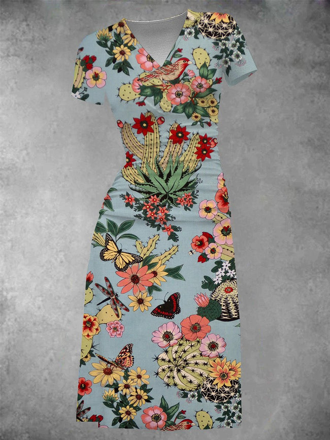 Women's Vintage Hacienda Cactus Print Midi Dress