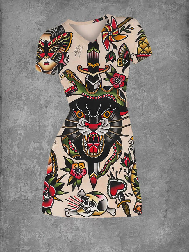Women's Vintage Tiger Tattoo Print Graphic V Neck T-Shirt Dress