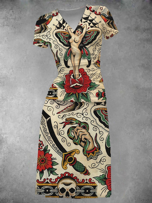 Women's Vintage Tattoo Flash Print Midi Dress