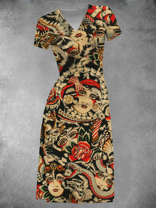 Women's Vintage Tattoo Print Midi Dress
