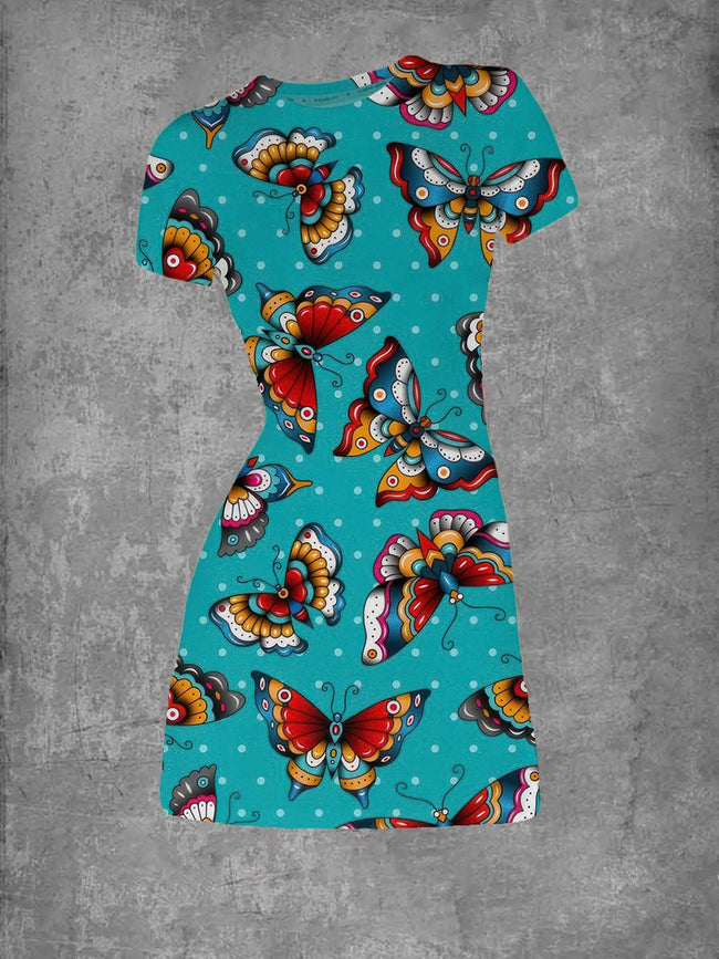 Women's Vintage Butterflies Tattoos Print Crew Neck T-Shirt Dress