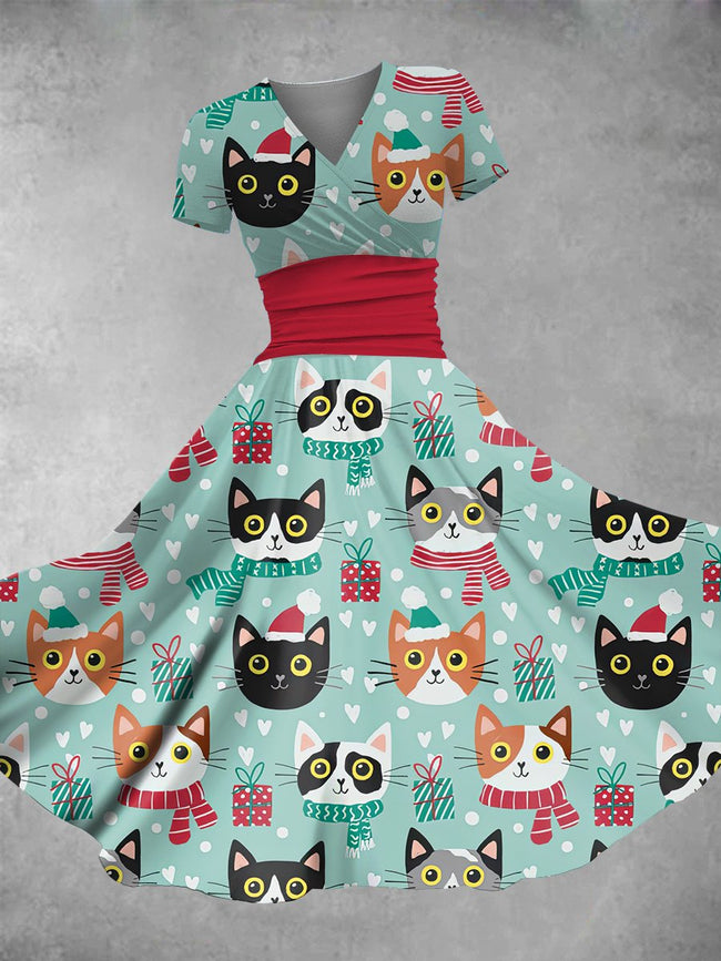 Women's Vintage Christmas Cat Print Maxi Dress