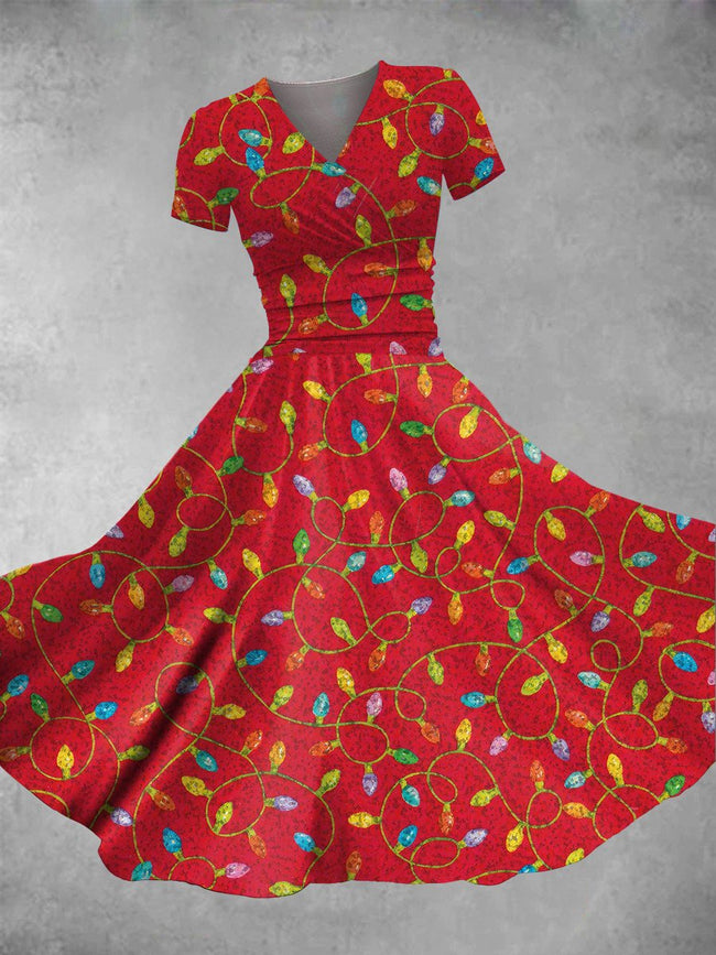 Women's Vintage Christmas Light Print Maxi Dress