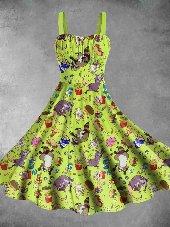 Vintage Furry Trash Print Backless Dress