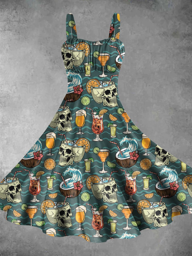 Vintage Skull Cocktail Print Backless Dress