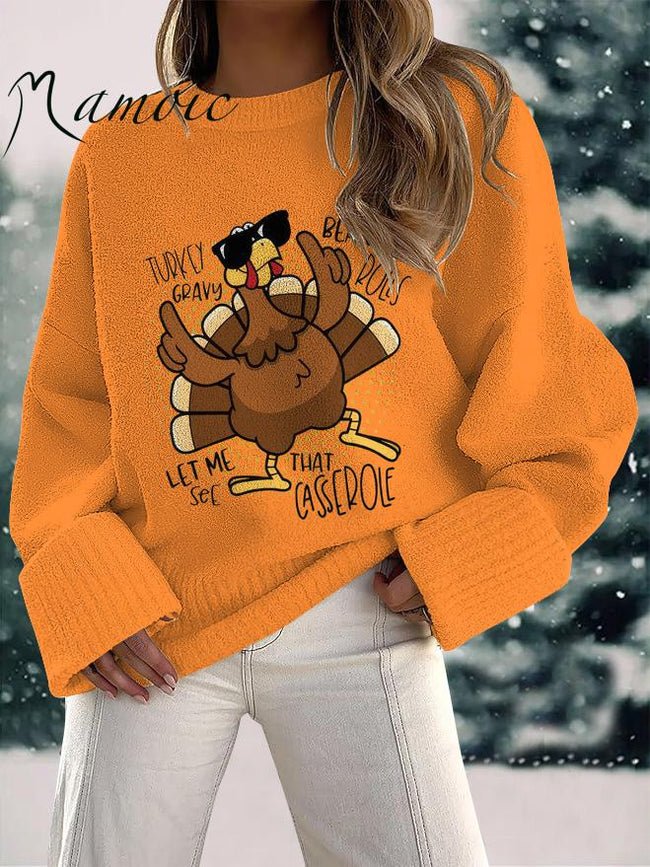 Women's Thanksgiving Turkey Print Fuzzy Knit Casual Pullover Sweaters