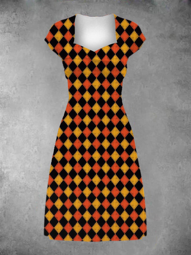 Women's Vintage Halloween Checkered Diamond Print Patchwork Casual Midi Dress
