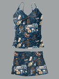 Women’s V-neck Vintage Wizard Print Suspender Skirt Tankini Set Swimsuit