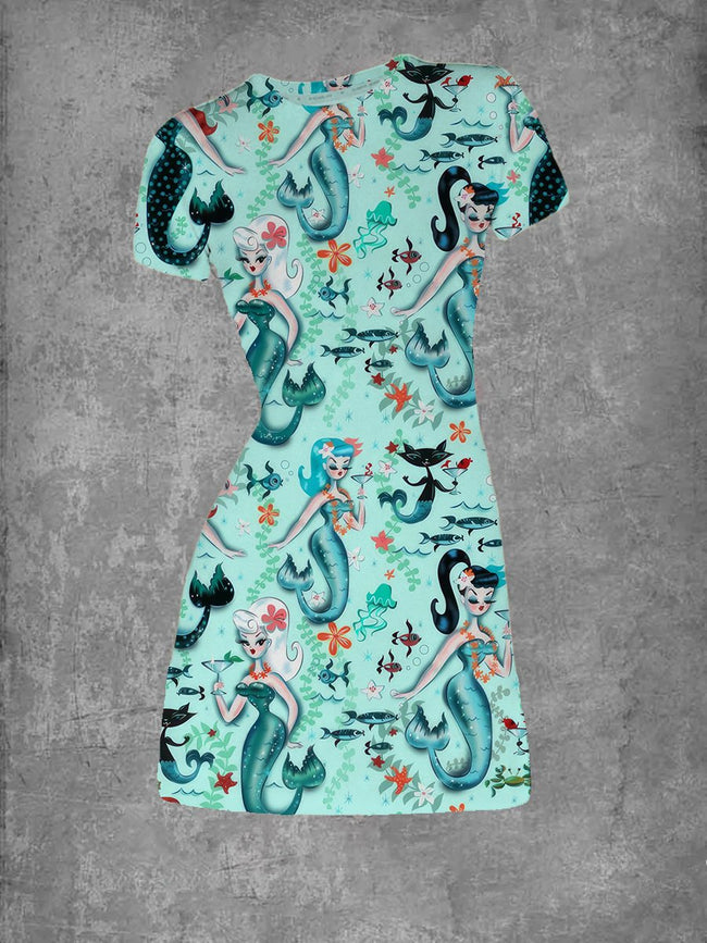 Women's Martini Mermaids Print Crew Neck T-Shirt Dress