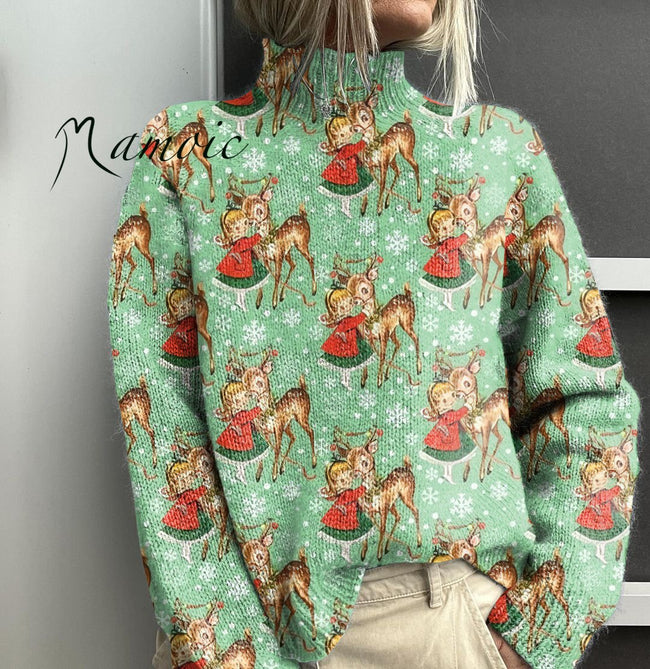 Vintage Christmas Deer Art Print Knit Turtleneck Pullover Sweater