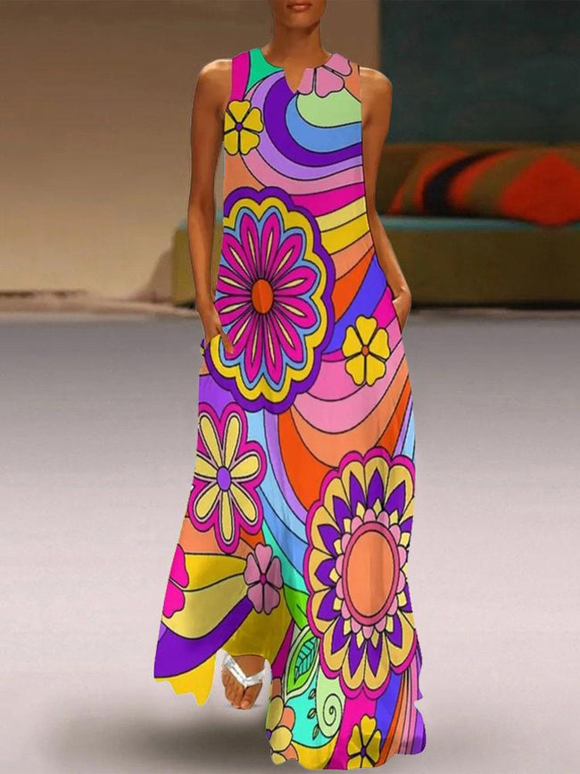 Vintage Hippie Art Print V-Neck Maxi Dress