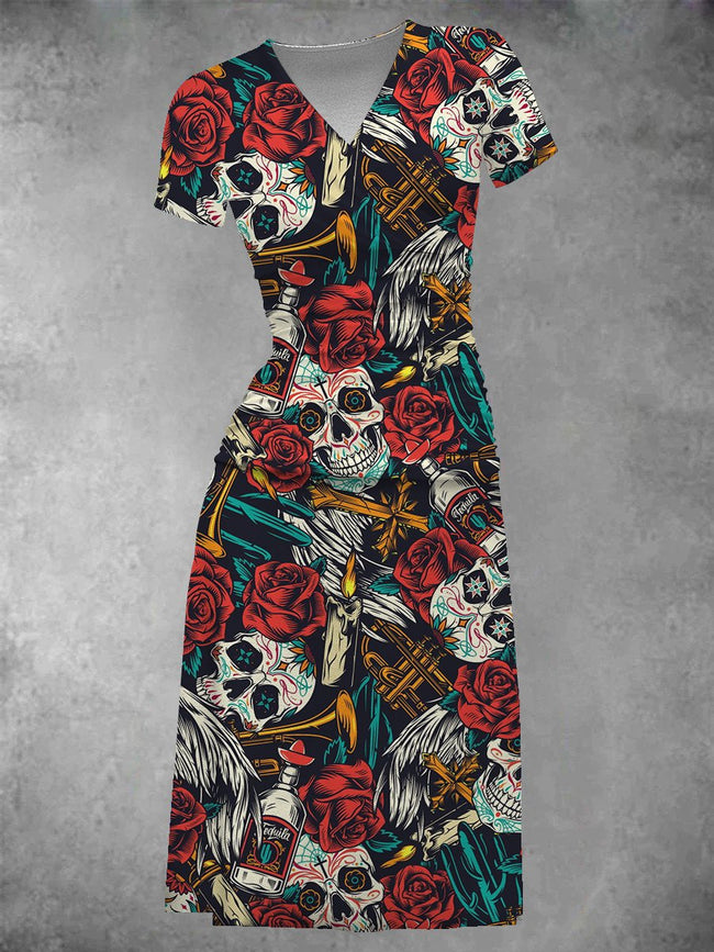 Women's Skulls And Roses Midi Dress Set