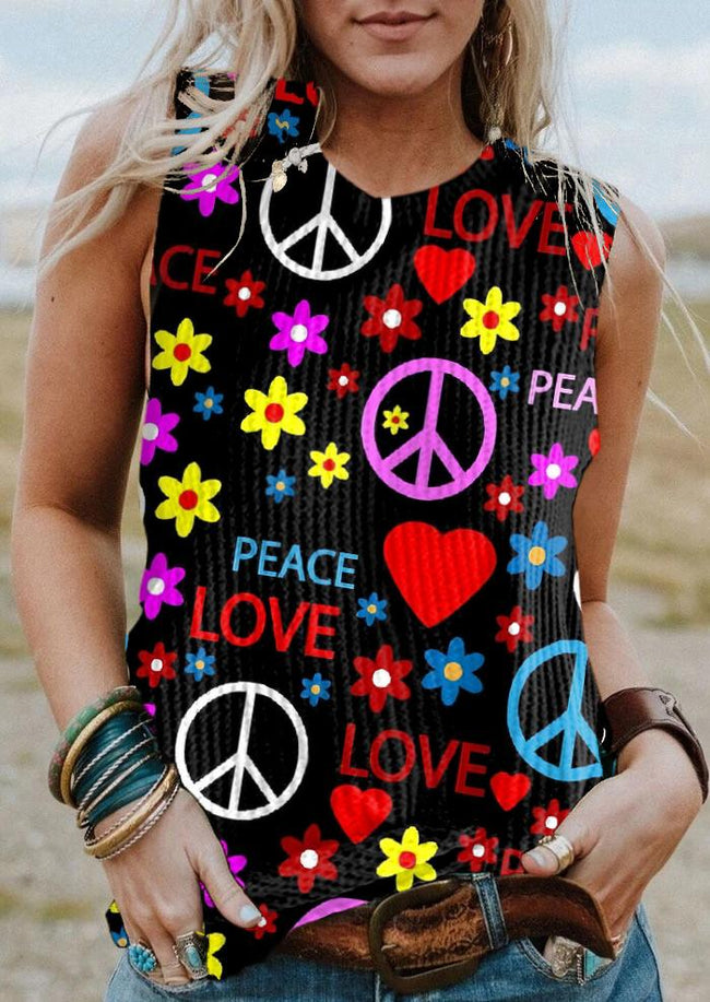 Women's Hippie Print Waffle Fabric Sleeveless Casual Tank Top