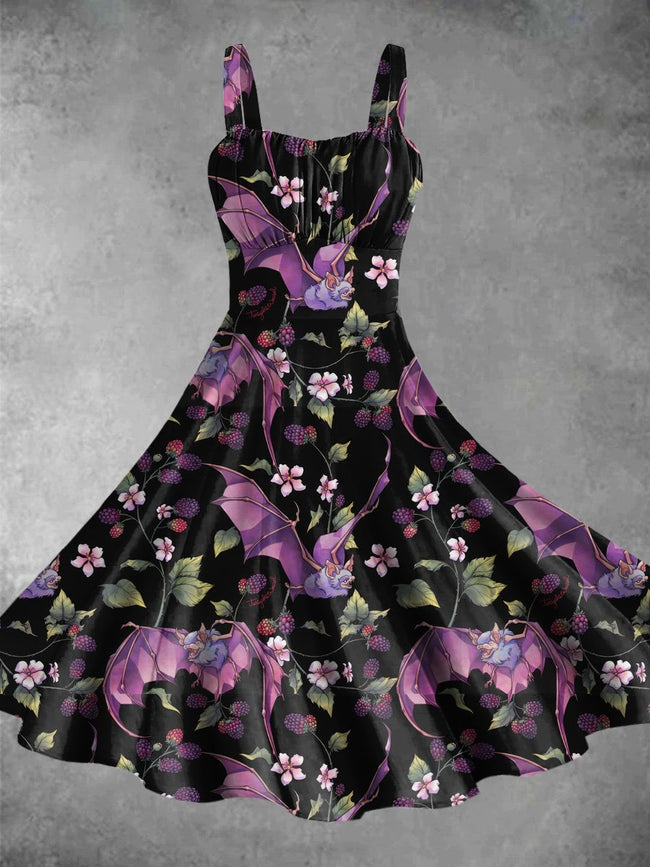 Vintage Bats and Berries Print Backless Dress