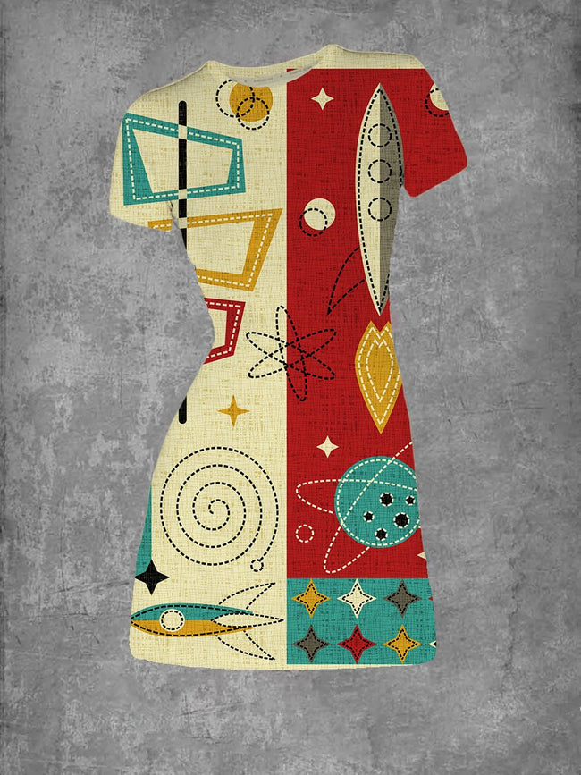 Women's Retro Space Rockets Print Crew Neck T-Shirt Dress