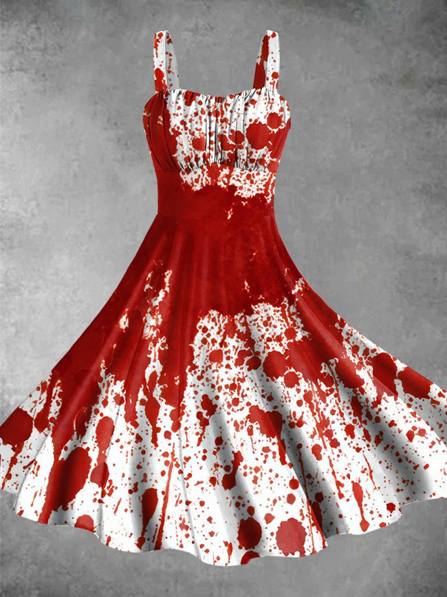 Vintage Halloween Blood Print Backless Dress