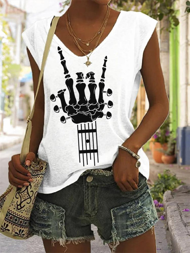 Women's Music Lover Skeleton Hand Guitar Inspired Print Sleeveless Tank Top