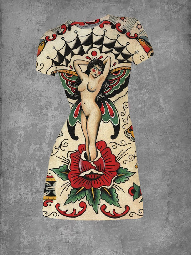 Women's Vintage Tattoo Flash Crew Neck T-Shirt Dress