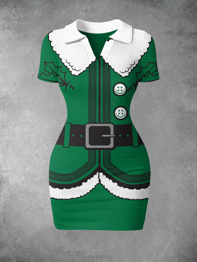 Women's Vintage Elf Christmas Print Ribbed Bodycon Mini Dress