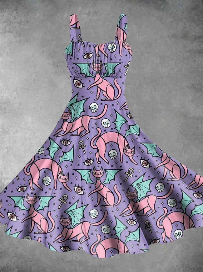 Vintage Pastel Goth Demon Kitties Print Backless Dress