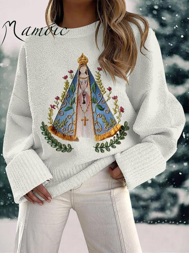 Women's Christian Our Lady Floral Christian  Embroidery Print Fuzzy Knit Casual Pullover Sweaters