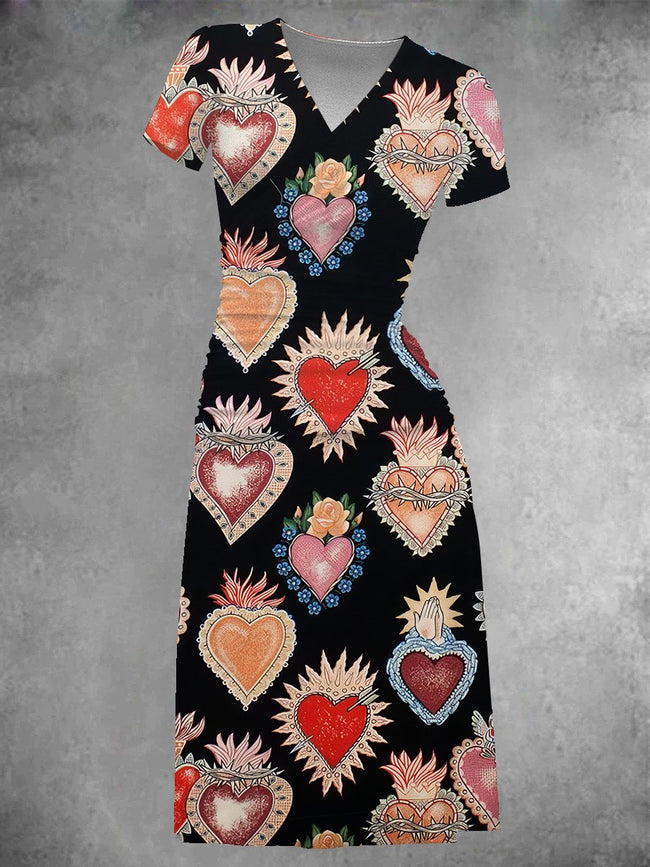 Women's Vintage Sacred Hearts Print Midi Dress